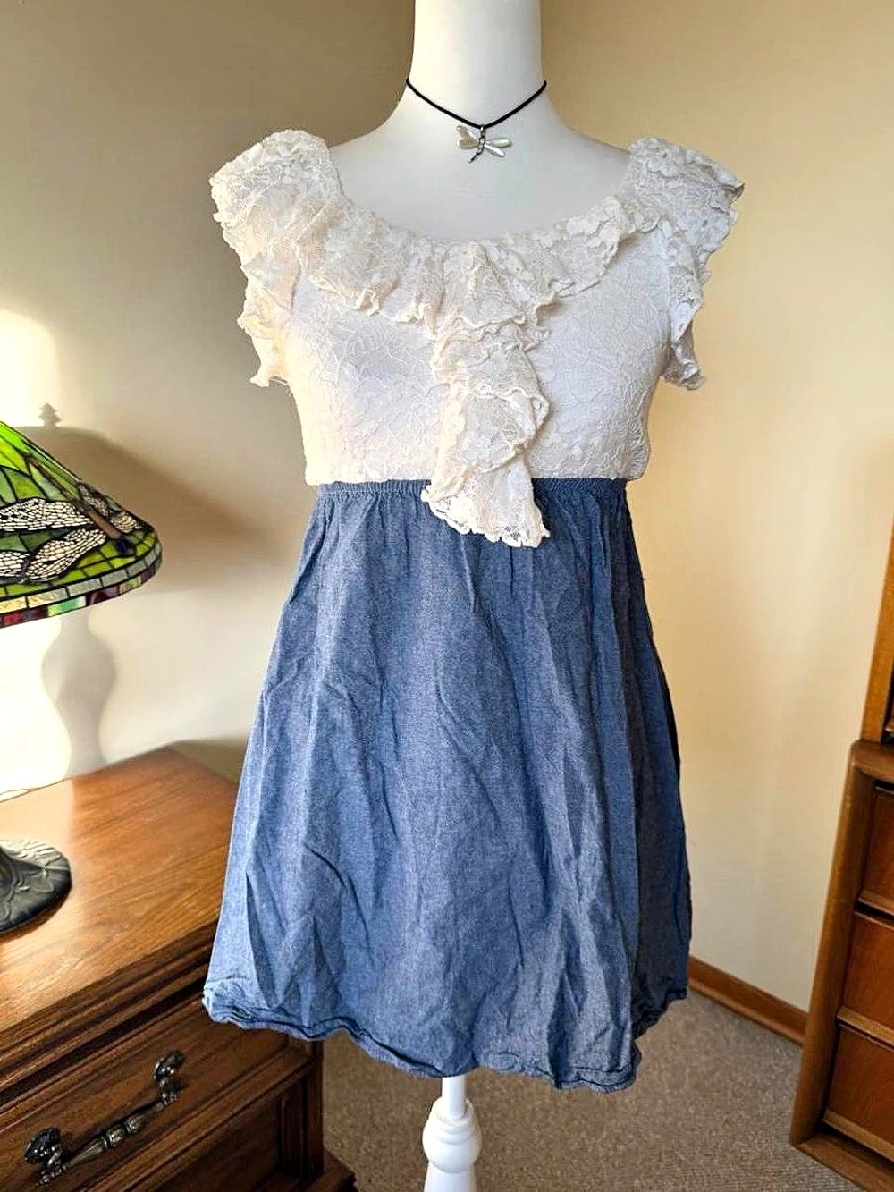 Bonnie Jean Lace Bodice Denim Skirt Dress Ruffle Mini Dress in Blue & White Size